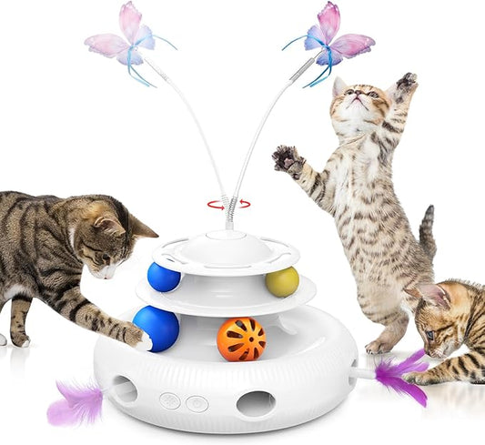 Cat Toys, 4-in-1 Rechargeable Automatic Interactive Cat Toy with Fluttering Butterfly, Random Moving Ambush Feather, Two-Tier Track Balls, 5H Smart Standby, Touch-Activated (White)