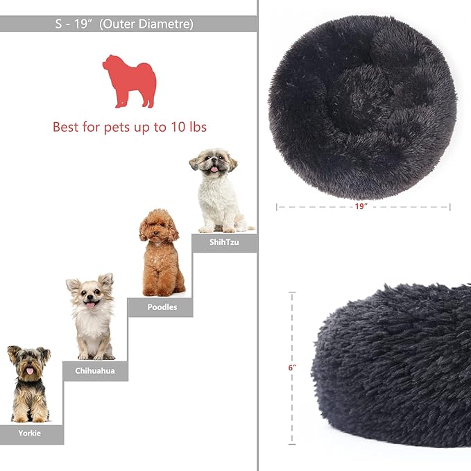 Black Dog Bed Washable,Fluffy Dog Beds for Small Dogs 19 inches Donut Soft Small Pet Bed,Calming Anti Anxiety Round Fits up to 10 lbs Warm Comfort Pets Beds for Puppy Dogs Indoor