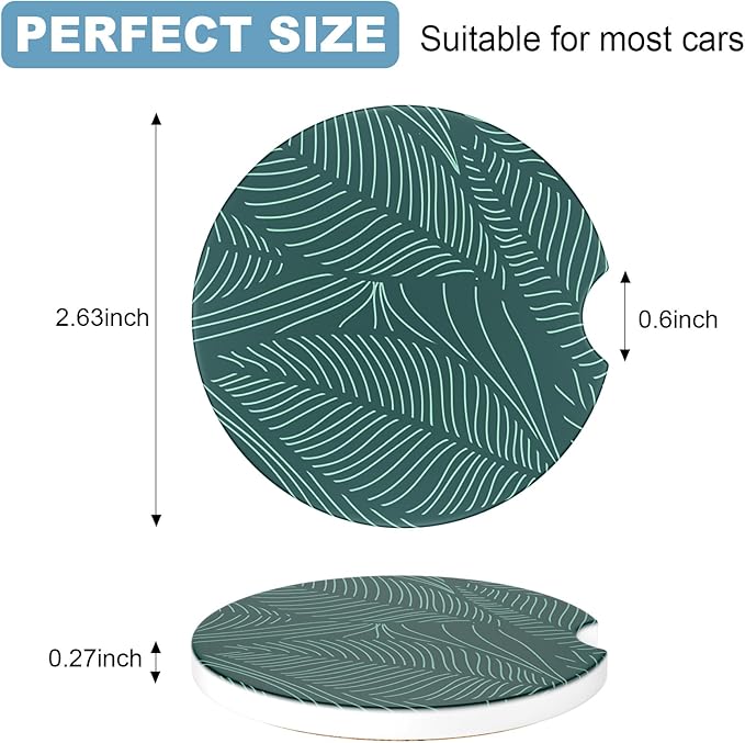 2 Pack Car Cup Holder Coasters, 2.63 inch Anti Slip Insert Absorbent Ceramic Coasters with Cork Base and Finger Notch, Cute Car Accessories Interior for Women