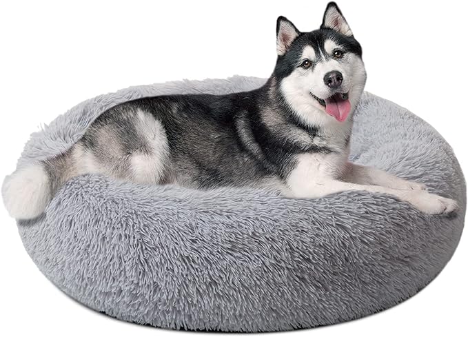 Large Dog Bed, Calming Donut Round Cat Bed for Medium Pet, Comfy Luxury Cuddler Anti Anxiety Plush Furry Cusion Mat(Grey 31.5")
