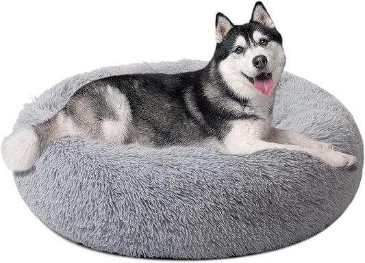 Large Dog Bed, Calming Donut Round Cat Bed for Medium Pet, Comfy Luxury Cuddler Anti Anxiety Plush Furry Cusion Mat(Grey 31.5")