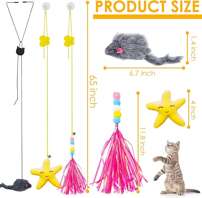 Mice Toys for Indoor Cats - 3 Pack Hanging Door Cat Toys with Tassel - Retractable Cat Toy with Rope Mouse Starfish Caterpillar - Interactive Cat Teaser Toy for Indoor Kitten Play Chase Exercise