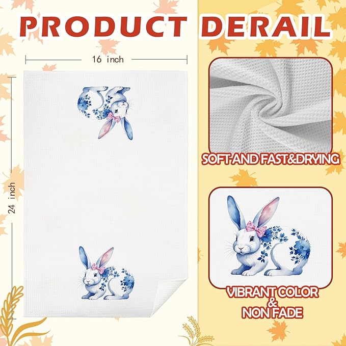 SPBL&L Easter Kitchen Towels, Blue and White Chinoiserie Floral Bunny Easter Hand Towels, Bunny Gifts Dish Towels for Kitchen, Easter Kitchen Bathroom Decor, Easter Bunny Decor, 16x24 Inches