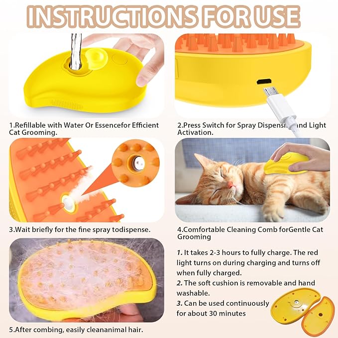 3 in 1 Self-Cleaning Grooming Brush - Detangling and Massage for Cats & Dogs, Fur and Loose Hair Remover (Yellow)