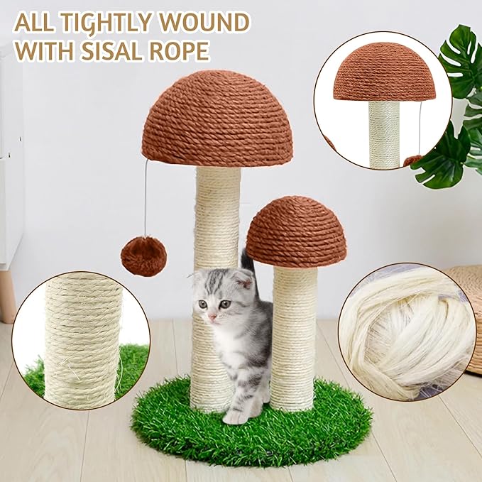 BNOSDM Mushroom Cat Scratching Post, Cat Scratcher with 2 Sisal Poles 12 Pcs Cat Toys and Hanging Ball, Pet Interactive Toy Scratch Post for Indoor Kitten Kitty Small Cats (Coffee)