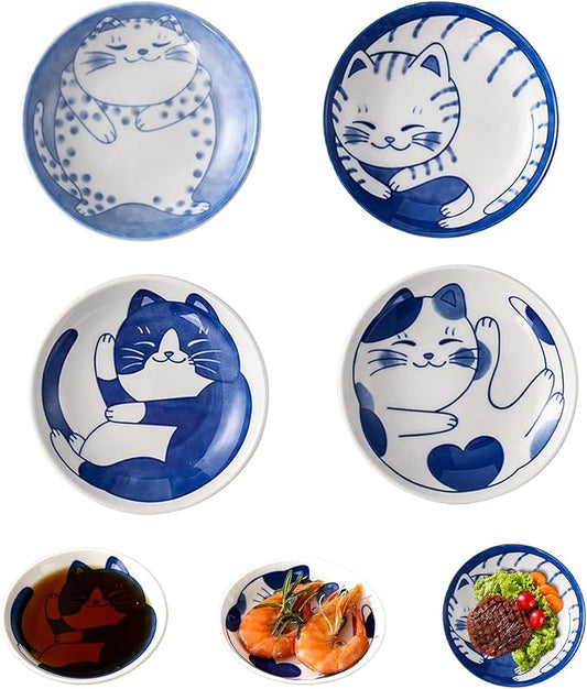 4 Pieces Japanese Sushi Sauce Small Cats Plates Set,Soy Sauce Dish,Mini Round Ceramic Cats Pattern Glazed Plate for Appetizer Plates Dessert Sushi Sauce Small Plate 3.9 x 0.7inch