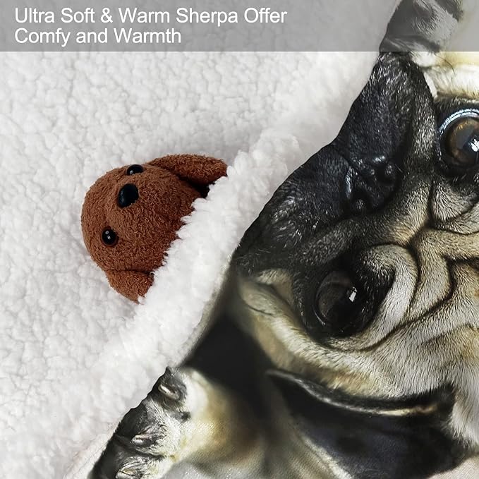Pug Sherpa Blanket, Dog Print Fleece Throw Blankets for Couch Sofa Bed, Super Soft Warm and Lightweight, 60" x 80"