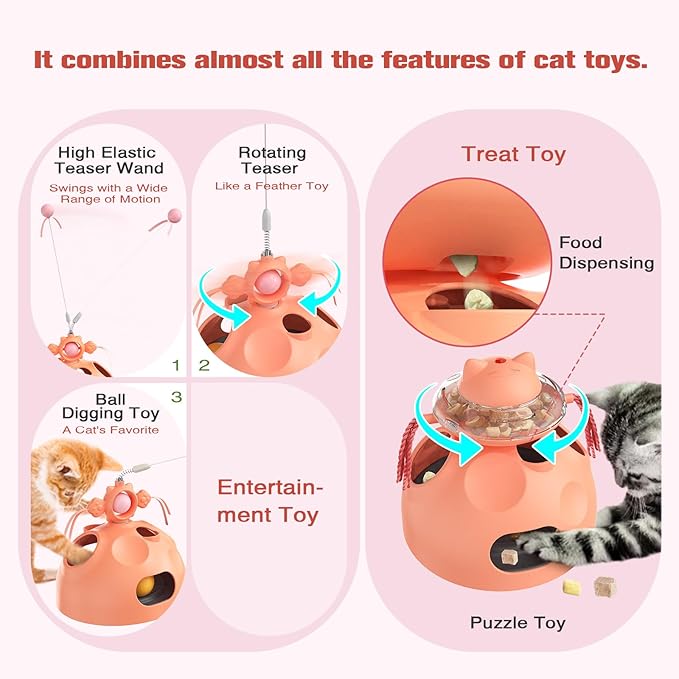 Zaabaaziba Interactive Cat Toys Multifunctional, Track Balls, Kitten Toy for Indoor, High-Elasticity Cat Teaser Wand, Multi-Cat Households, All Cat Breeds, Slow Feeder Toy Pink