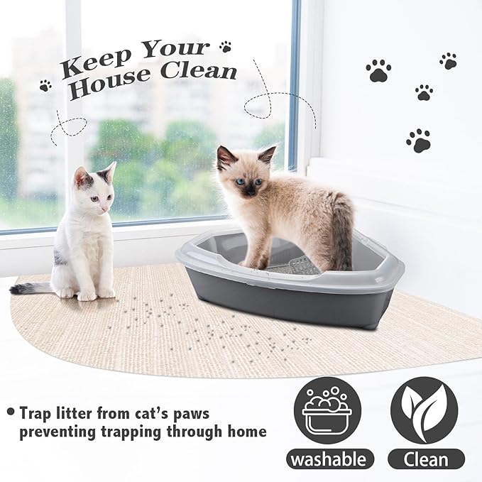 2 Pcs Corner Cat Litter Mat 29 Inch Litter Mat for Corner Machine Washable Litter Mat Ridged Design Fan Shaped Cat Litter Mat Absorbent Cat Litter Rug for Box Less Waste Space (Beige White)