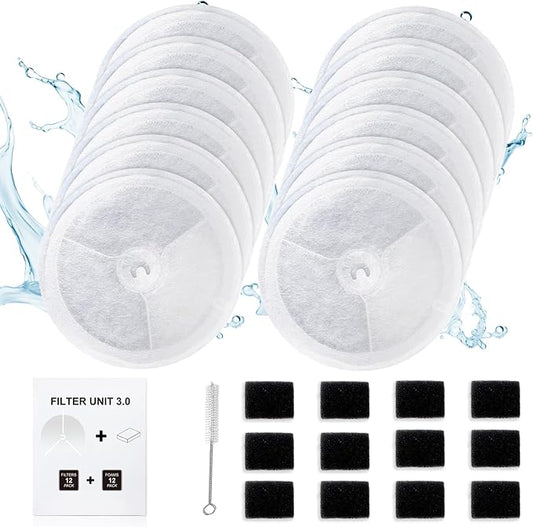 12 PCS Upgraded Filter Unit 3.0 Pet Cat Water Fountain Filters Fit For E versweet Solo 2/Solo SE, E versweet 3 Pro/2S/3, Including Replacement Filters and Replaced Foam Pump Filter (12 pcs)
