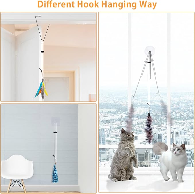 Interactive Cat Feather Toys, Retractable Cat Feather Toy with 9 PCS Replacement, Hanging Cat Teaser Toy for Indoor Cats Kitten Kitty, Cat Toys Cat Wand for Cat Play Exercise