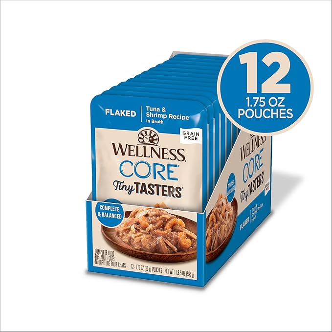 Wellness CORE Tiny Tasters Wet Cat Food, Complete & Balanced Natural Pet Food, Made with Real Meat, 1.75-Ounce Pouch, 12 Pack (Adult Cat, Flaked Tuna & Shrimp)