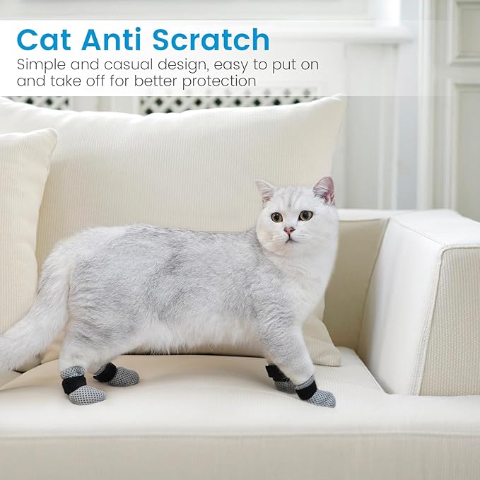 4Pcs Cat Nail Caps Cat Mittens, Cat Claw Covers Cat Nail Covers Caps Shoes for Cats Socks AntiScratch Cat Paw Protector Cat Claw Caps Pet Grooming Cat Booties for Bathing Shaving Checking, Grey M