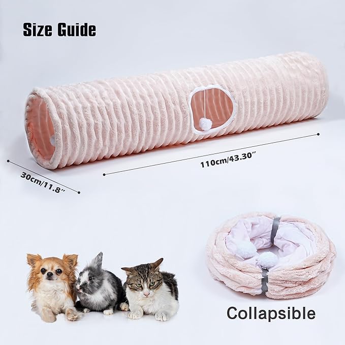Luxurious Cat Tunnel,43" Straight Cat Tunnel Bed with Balls,Cat Toys for Indoor Cats,Collapsible Peekaboo Cat Cave for Kitten Toys（Pink Stripe）