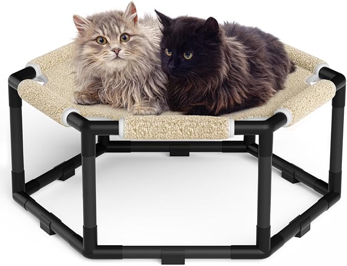 Tresbro Cat Bed, Hexagon Warm Elevated Cat Bed with Thick Teddy Velvet & Anti-Slip Pads, Raised Cat Hammock Bed for Indoor and Outdoor Use, 23.6'' x 10.6'' x 12'' Cat Hammock for Large to Small Cats