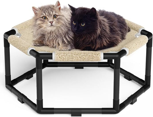 Tresbro Cat Bed, Hexagon Warm Elevated Cat Bed with Thick Teddy Velvet & Anti-Slip Pads, Raised Cat Hammock Bed for Indoor and Outdoor Use, 23.6'' x 10.6'' x 12'' Cat Hammock for Large to Small Cats