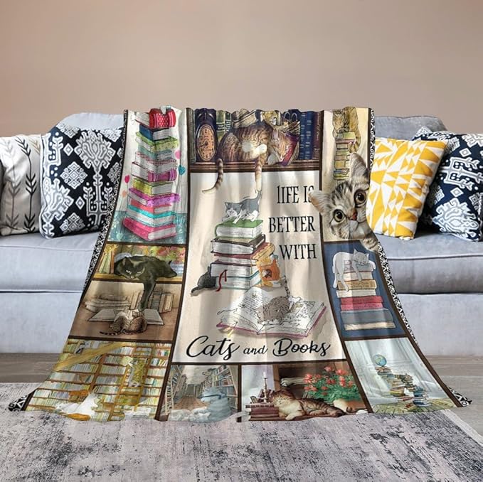 Read Blanket Cat Gifts for Reader Girls Boys Woman Kids Cat Lover Reading Book Throw Blankets Soft Blanket Warm Fleece Flannel Plush Blankets for Bed Sofa Couch 50"x60"