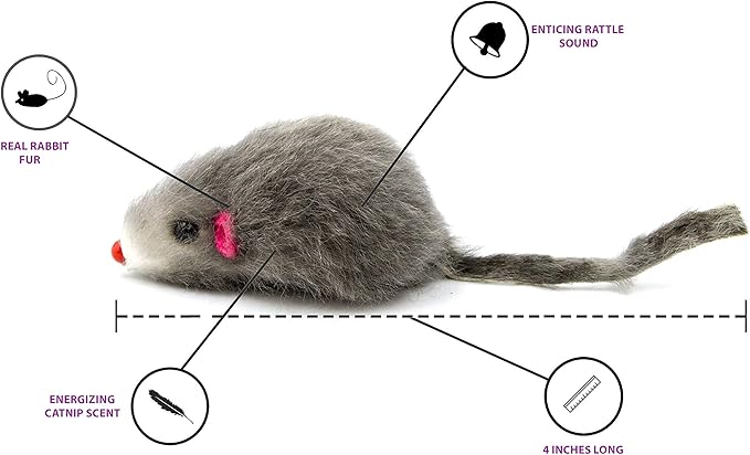 60 Furry Mice with Catnip and Rattle Sound Made of Real Rabbit Fur Interactive Catch Play Mouse Toy for Cat, Box of 60 Mice