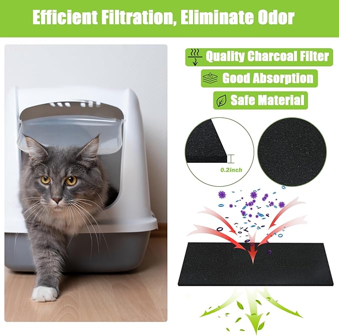 12 Pack Cat Litter Box Charcoal Filters Compatible with Hooded Cat Litter Box, 6 x 6.5Inch Replacement Activated Carbon Premium Odor Filters for Hooded Cat Litter Boxes and Pans, Black