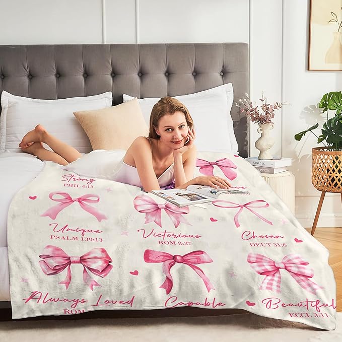 Christian Gifts for Women, God Says I Am Throw Blanket 80"X60", Inspirational Religious Birthday Gifts for Coquette Pink Bow Bible Verse Blanket, Christian Faith Jesus God Prayer Gift for Christmas