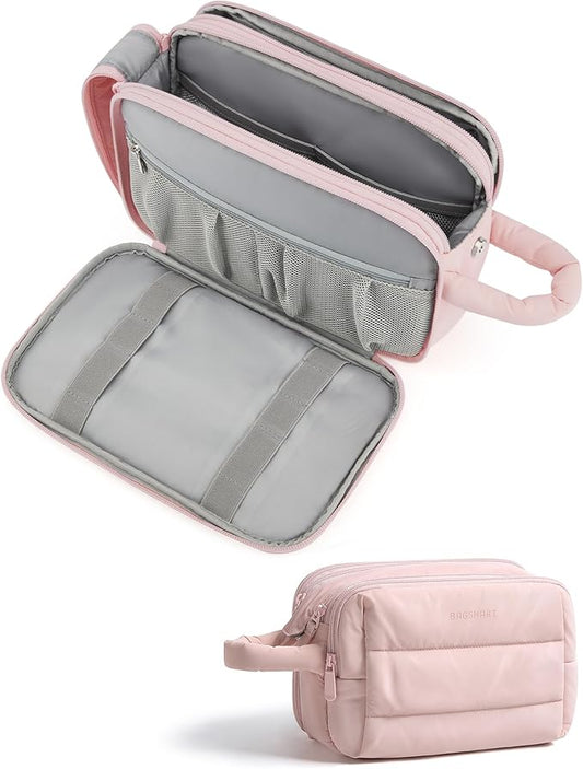 BAGSMART Travel Toiletry Bag for Women, Puffy Cosmetic Makeup Bag Organizer, Large Wide-open Travel Organizer for Toiletries, Dopp Kit Water-resistant Makeup Case for Accessories-Pink