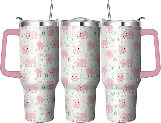 40 Oz Pig Tumbler with Handle and Straw, Double Wall Stainless Steel Pig Coffee Cup, Pig Mug Insulated Pig Cups for Women, 40 Oz Leak Proof Pig Coffee Mug for Women and Pig Gifts for Women