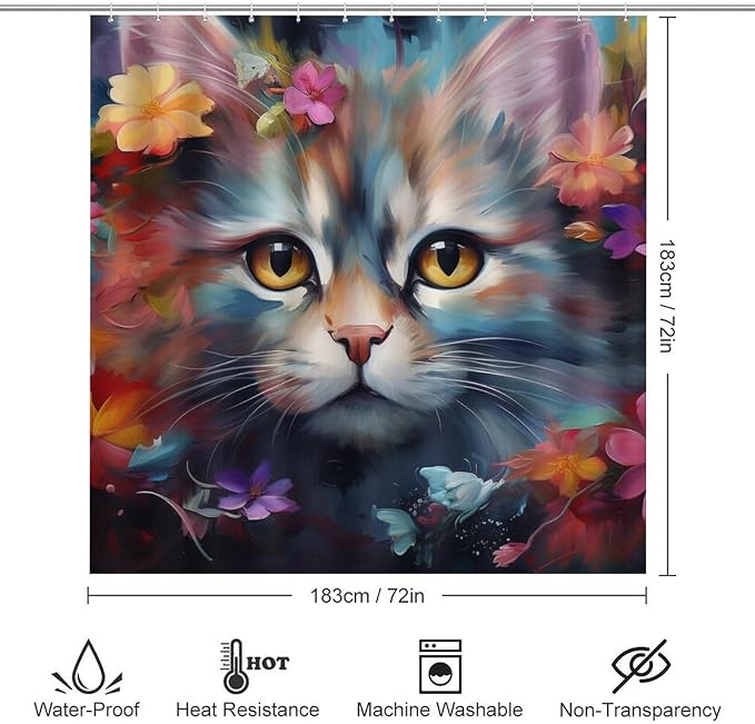 Abstract Floral Cat Shower Curtain 4 Piece Sets with Non-Slip Rugs,Toilet Lid Cover and Bath Mat Flower Cute Animal Rustic Waterproof Shower Curtain with 12 Hooks Bathroom Set Home Decor, Style-5