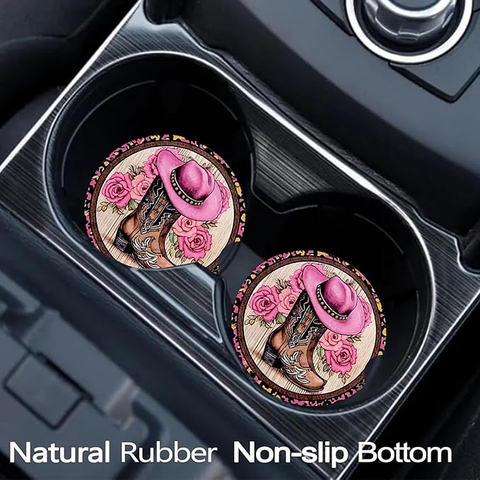 Car Coasters for Cup Holders,2 Pack Western Cowboy Hat Boots Car Coasters,2.75" Universal Size Anti Slip Rubber Mat,Automotive Cup Holder Decal Decor Accessories,Gifts for Women,Men,Mom