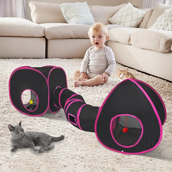 Cat Tunnels for Indoor Cats, Cat Tent, Cat Cube and Feather Cat Toy Collapsible Combo, with Interactive Cat Toy Ball, Cat Toy Set for Indoor Cat, Ferret, Guinea Pig, Rabbit, Bunny, Pink