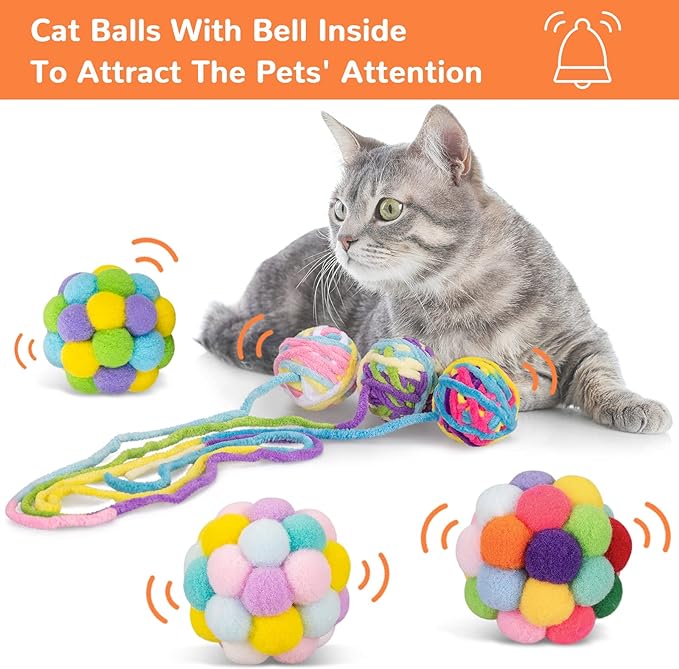 Retro Shaw Interactive Cat Toys for Indoor Cats Kittens,6 Pcs Cat Toy Balls with Bell Inside,Woolen Yarn Ball Kitten Toys for Bored Cats Pastime,Kitty Toys Fuzzy Ball with String