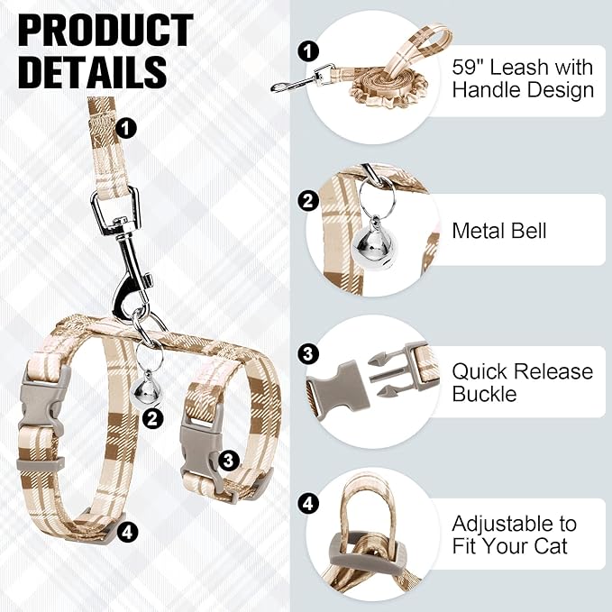 BEAUTYZOO Cat Harness and Leash Set Escape Proof for Walking, Kitten Soft Adjustable Vest Harnesses for Small Medium Large Cats, Easy Control Breathable Plaid Ribbon Nylon for Outdoor Indoor Use