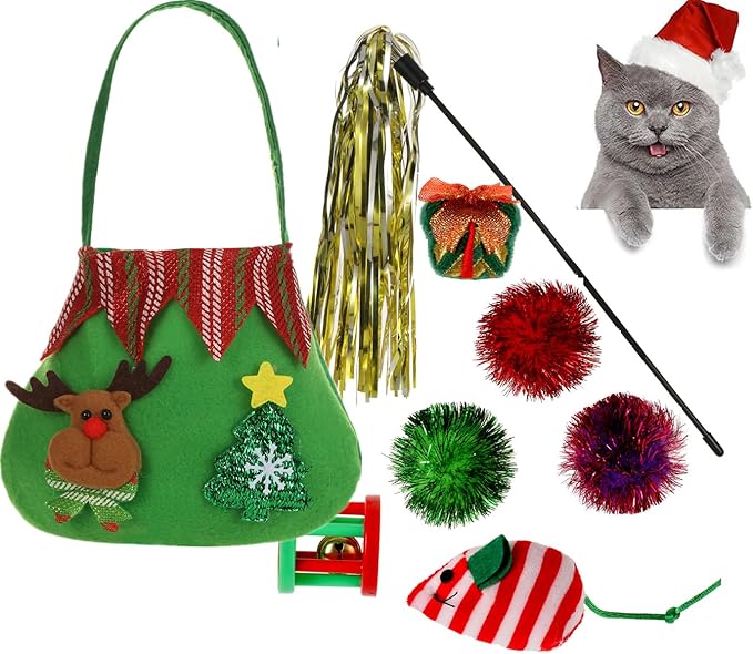 Christmas Cat Toys Set - Cat Interactive Toys, Cute Bag, Plastic Wheel Toy with Bell, Sparkle Balls, Plush Catnip Mice