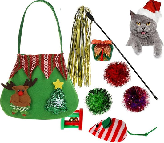 Christmas Cat Toys Set - Cat Interactive Toys, Cute Bag, Plastic Wheel Toy with Bell, Sparkle Balls, Plush Catnip Mice