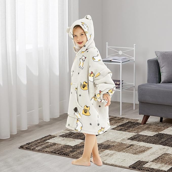 THREE POODLE Wearable Blanket Hoodie for Kids, Oversized Sherpa Sweatshirt Blanket with Giant Hood, Warm Cozy Cat Hooded Blanket, Cute Gifts for Kids Girls Boys