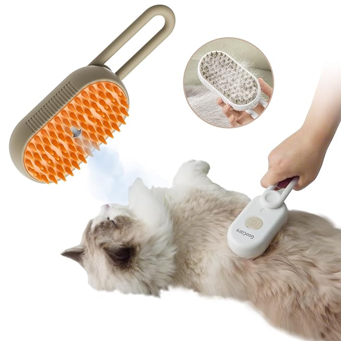 2nd Generation 3-in-1 Cat Steam Brush for Shedding, Pet Hair Removal Comb with Water Tank, Spray Cat Brush for Pet Grooming, Steamy Cat Brush for indoor Haired Cats, Dogs and Rabbits (Khaqi)