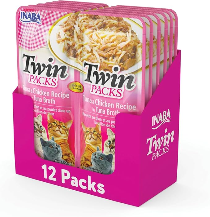 INABA Twin Packs for Cats, Shredded Chicken & Broth Gelée Side Dish/Topper Pouch, 1.4 Ounces per Serving, 12 Pouches, Tuna & Chicken Recipe in Tuna Broth