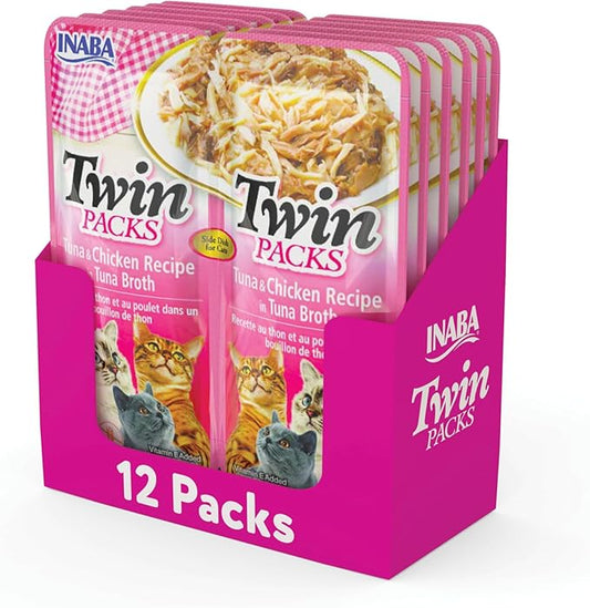 INABA Twin Packs for Cats, Shredded Chicken & Broth Gelée Side Dish/Topper Pouch, 1.4 Ounces per Serving, 12 Pouches, Tuna & Chicken Recipe in Tuna Broth