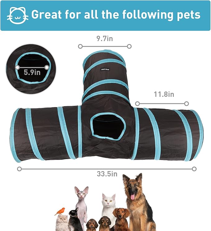 3 Way Cat Tunnel and Tube, Cat Tunnels for Indoor and Outdoor Cats, Collapsible Cat Tunnels with Peek Hole for Cat, Puppy, Kitty, Rabbit, Puppy (T-Shaped Black-Blue)