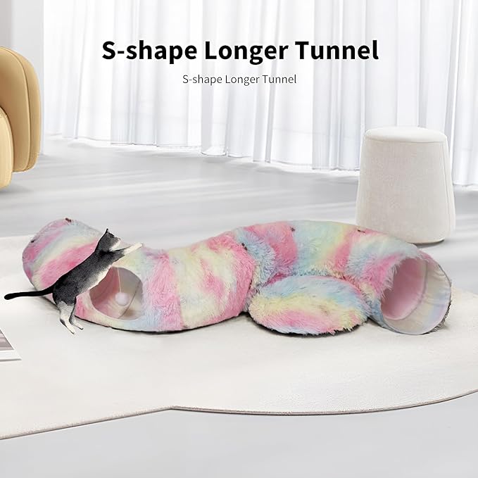 Cat Tunnel Bed for Indoor Cats with Washable Cushion Cat Cave Donut Tunnel with Fluffy Ball Big Round Tube Pet Playground Toys Soft Plush Peekaboo for Kitten, Cat, Puppy, Rabbit, Ferret