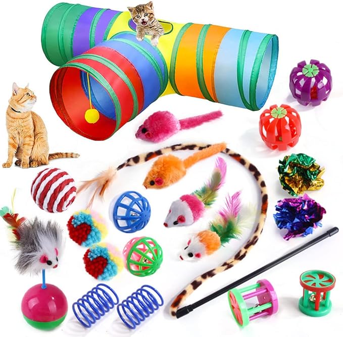 20 PCS Cat Toys Kitten Toys Set Interactive for Indoor Cats,Including Cat Tunnel,Cat Toys Balls,Crinkle Balls,Cat Wand,Cat Mouse Toys (T Shape)