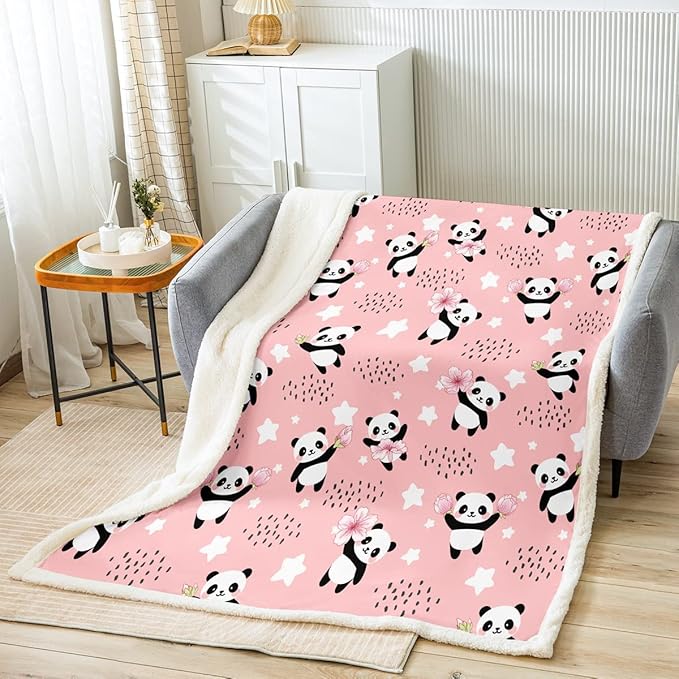 Erosebridal Kawaii Panda Throw Blanket for Bed Couch Girls,Pink Cherry Blossom Fleece Blanket Stars Sherpa Blanket Queen Size Cute Dots Blanket,Lovely Bear Animal Fuzzy Blanket Microfiber Breathable