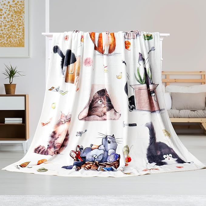 Cat Throw Blanket Cute Cats Bed Blanket for Cat Lovers Animal Print Blankets Super Soft Flannel Fleece Blankets Cozy Fuzzy Plush Throw Blanket for Couch Chair