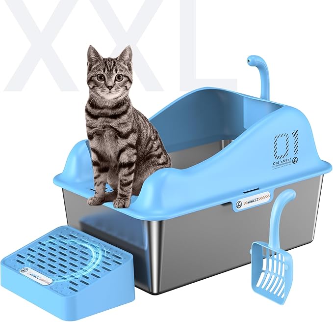 14" Deep Stainless Steel Litter Box, XXL Metal Litter Box with High Wall Sides Enclosure, Stainless Steel Litter Box with Lid, Never Absorbs Odors, Non-Sticky, Anti-Urine Leakage, Easy Cleaning-Blue