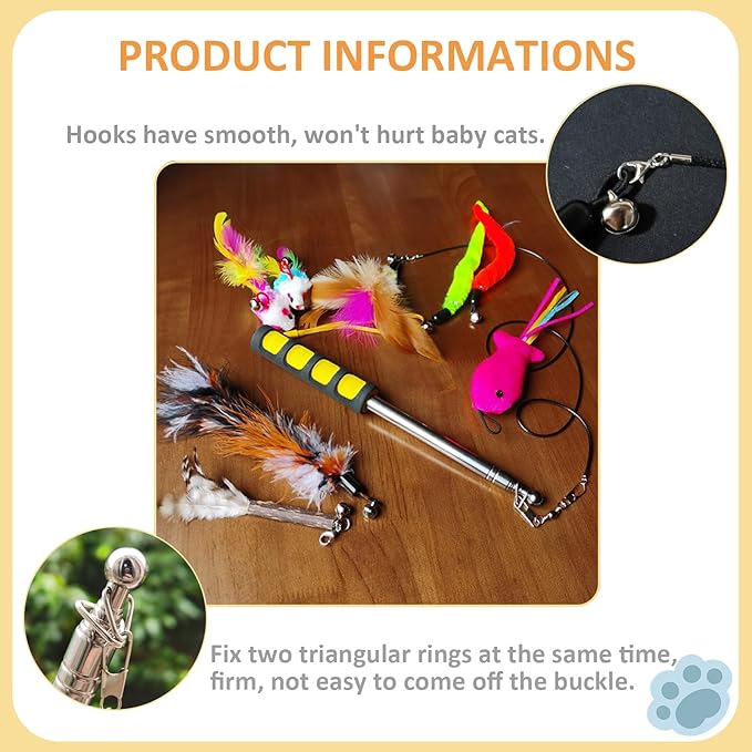 Cat Fishing Pole for Indoor Cats,Interactive cat Toys with Colorful Feather and Bell. (Yellow)