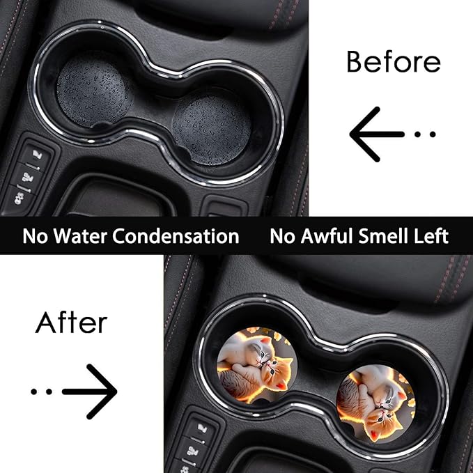 Car Coasters for Cup Holders,2 Pack Two Cat Car Coasters,2.75" Universal Size Anti Slip Rubber Mat,Automotive Cup Holder Decal Decor Accessories,Gifts for Cat Lovers for Women,Men,Mom