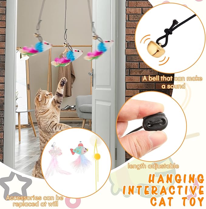 Charniol 8 Pcs Doorway Cat Toys Indoor Feather Door Hanger Interactive Hanging Dragonfly Little Mouse Retractable Teaser Kitten for Play, 6 Styles (Vibrant Style)