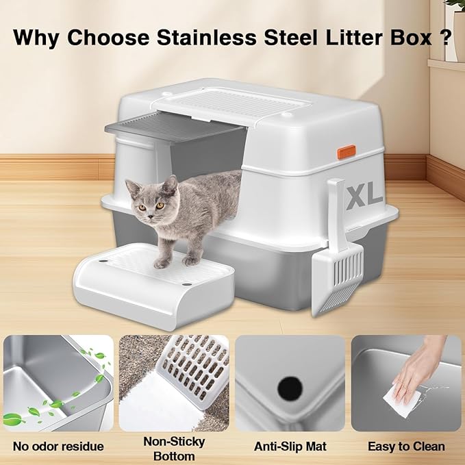 3-in-1 Stainless Steel Cat Litter Box with Removable Lid-Enclosed XL Extra Large High-Sided Metal Box for Small & Big Cats with Scoop-Easy to Clean, Odor Control, Non-Sticky,Anti-Leakage (White)