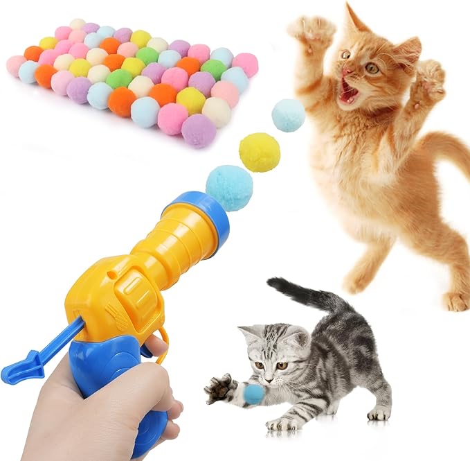 Mewlmart Cat Toys Interactive for Indoor Cats with Interactive Launchers Kitty Toys Cat Toys for Indoor Cats Self Play Cat Ball Toy Pom Pom Balls Puff Balls Cat Enrichment Toys 50 Balls 1.2IN