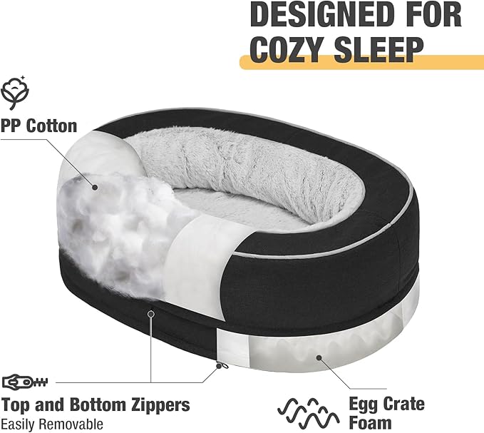 Veehoo Orthopedic Cat Bed for Indoor Cats, Oval Washable Cat Bed with Egg Crate Foam Support, Indoor Donut Puppy Cat Bed Bolster Dog Bed with Removable Cover & Non-Slip Bottom, Black