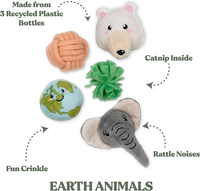 Stuffed Animal Cat Toy | Earth Animals Mixed Bundle | Value 5-Pack for Indoor Cats | Cute Interactive Plush Toys | Made of Eco-Friendly Materials - Go Green!